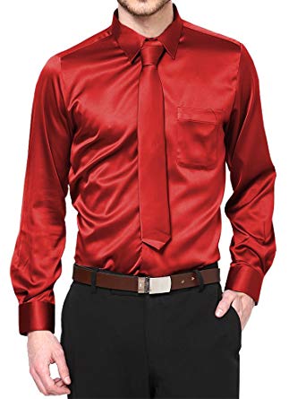 Man wearing a deep red satin long-sleeve button-down shirt, a tie, and black pants.