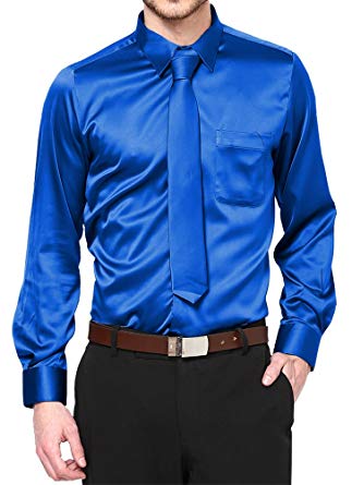 Man wearing a vibrant royal blue satin long-sleeve shirt, tie, and black pants.