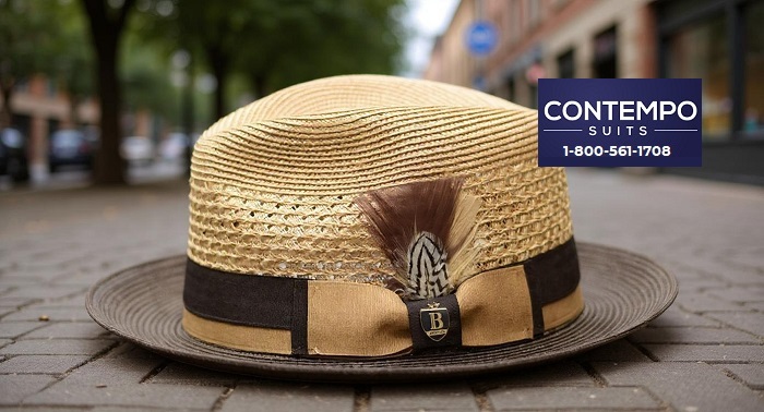 mens dress hat made of brown and beige straw