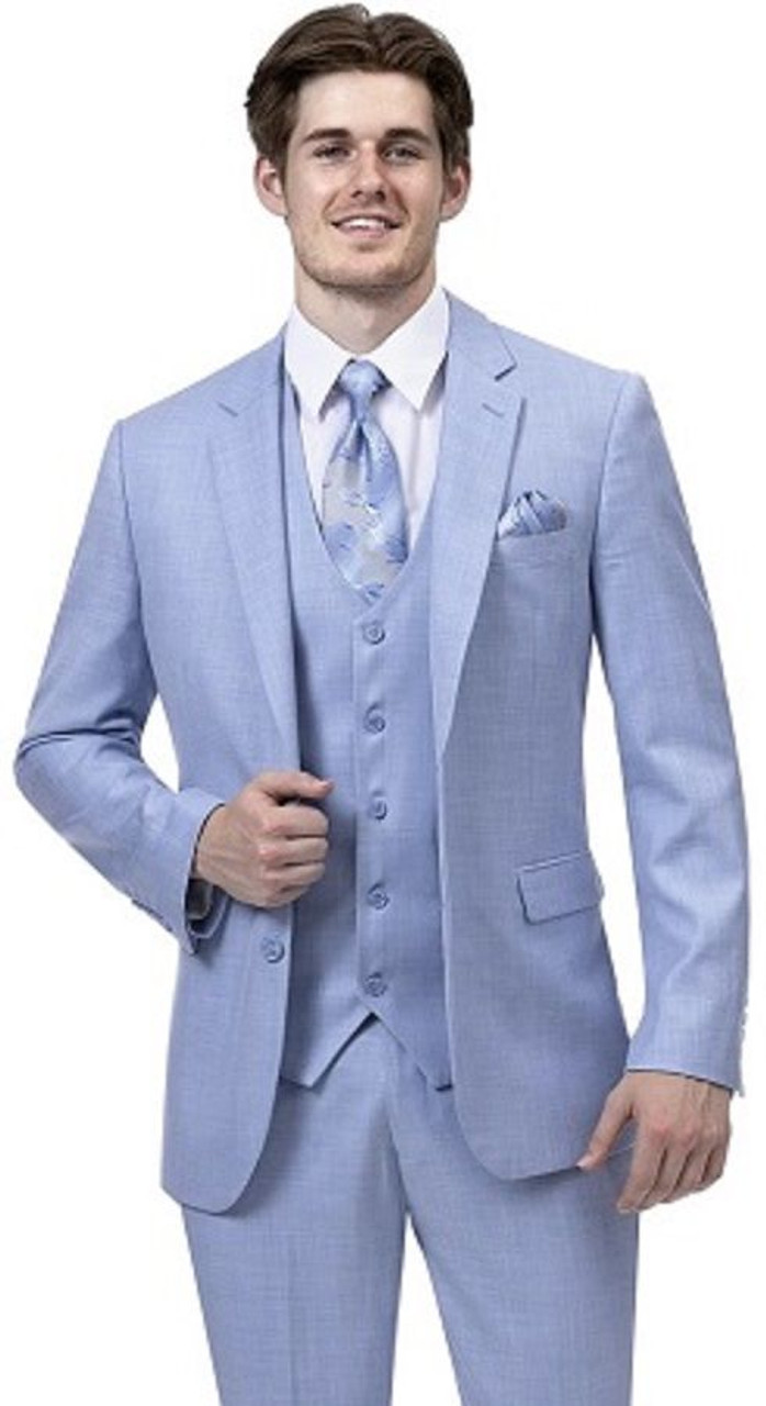 Man wearing a light blue 3-piece suit