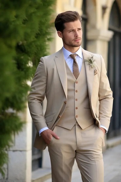 man wearing a light beige dress suit for a wedding