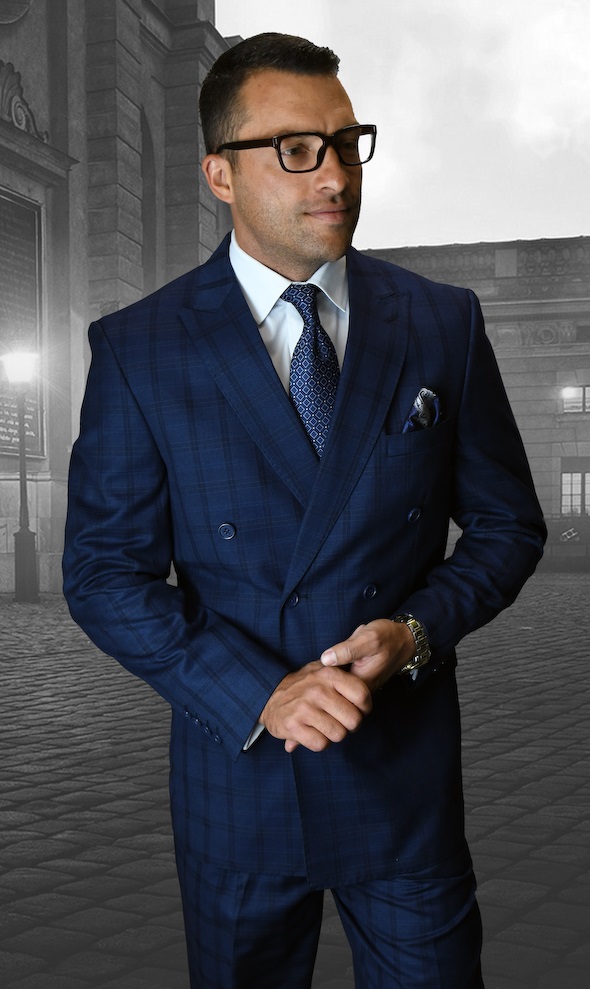 man wearing a blue plaid double breasted suit