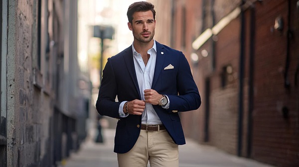 man wearing classic navy blazer jacket
